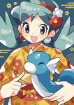  1girl alternate_costume anidler91 animal aqua_eyes aqua_hair blue_background blush commentary dratini egasumi floral_print flower hair_flower hair_ornament highres holding holding_animal holding_pokemon japanese_clothes kimono kris_(pokemon) looking_at_viewer open_mouth pokemon pokemon_(creature) pokemon_gsc red_flower seigaiha simple_background smile solo twintails white_flower yellow_kimono 