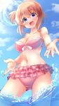  1girl :d alternate_costume aru_(arudes) ass_visible_through_thighs bare_arms bikini blue_sky blush breasts cleavage collarbone commentary cowboy_shot curvy day eyes_visible_through_hair frilled_bikini frills from_below front-tie_bikini_top front-tie_top gochuumon_wa_usagi_desu_ka? hair_between_eyes halterneck happy highres hoto_cocoa large_breasts looking_at_viewer looking_down navel one_side_up open_hands open_mouth orange_hair outdoors pink_bikini purple_eyes short_hair sky smile solo splashing standing sunlight swimsuit wading water water_drop 