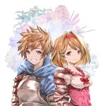  1boy 1girl armor blonde_hair blue_hoodie bow brown_eyes brown_hair closed_mouth collarbone commentary_request djeeta_(granblue_fantasy) dress fighter_(granblue_fantasy) floral_background frills gran_(granblue_fantasy) granblue_fantasy hair_intakes hairband hood hoodie looking_at_viewer messy_hair open_mouth pink_dress pink_hairband red_bow short_hair smile upper_body usapenpen2019 vambraces 