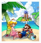  absurdres arms_behind_head barefoot beach bird blonde_hair blue_eyes blue_overalls bowser bowser_jr. brown_footwear brown_hair closed_eyes cloud cloudy_sky crown earrings f.l.u.d.d. ferris_wheel gold_bracelet highres inflatable_raft jewelry leaf lipstick loveycloud lying makeup mario mario_(series) on_back on_ground overalls palm_tree pink_lips ponytail princess_peach red_footwear red_nails red_shirt ring roller_coaster shirt shoes sitting sky sleeping smile super_mario_sunshine tree unworn_shoes 