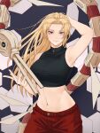  1girl armpits blonde_hair forehead garuda_(jujutsu_kaisen) highres jujutsu_kaisen long_hair looking_at_viewer midriff navel pants red_eyes red_pants shikigami smile solo stomach tsukumo_yuki_(jujutsu_kaisen) upper_body 