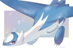  animal_focus artist_name blue_skin border claws colored_skin commentary_request highres iwasi_29 latios multicolored_skin no_humans pokemon pokemon_(creature) red_eyes twitter_username two-tone_skin white_border white_skin wings 