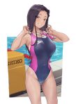  1girl armpits black_hair blush breasts cameltoe collarbone commentary competition_swimsuit forehead groin hamedoragon highres large_breasts long_hair looking_at_viewer mole mole_on_thigh one-piece_swimsuit original pool poolside smile solo swim_goggles swimsuit two-tone_one-piece_swimsuit very_long_hair 