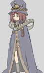  1girl blue_headwear blush boogiepop boogiepop_(character) brown_footwear cape cosplay flcl hat highres pantsu-ripper red_hair samejima_mamimi simple_background skirt solo standing white_background 