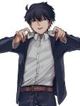  1boy :p belt black_eyes black_hair collared_shirt commentary english_commentary gakuran jacket looking_at_viewer male_focus melty_blood metarogu nanaya_shiki open_clothes open_jacket school_uniform shirt simple_background smile solo tongue tongue_out tsukihime upper_body white_background 