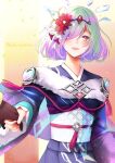 1girl 1other ambiguous_gender aqua_hair black_gloves brown_eyes commentary_request commission fire_emblem fire_emblem_heroes flower gloves hair_flower hair_ornament hair_over_one_eye holding_hands japanese_clothes kimono kiran_(fire_emblem) kvasir_(fire_emblem) kvasir_(unknown_future)_(fire_emblem) looking_at_viewer multicolored_hair obi official_alternate_costume one_eye_covered open_mouth out_of_frame purple_hair purple_kimono red_flower sash shoochiku_bai short_hair skeb_commission smile twitter_username two-tone_hair wide_sleeves 