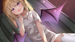  1girl :d blonde_hair blush collared_shirt curtains demon_girl demon_wings dutch_angle fang garter_straps hand_up highres holding indie_virtual_youtuber indoors inuzuka_ichigo kirikaze_ren long_hair looking_at_viewer mimikaki nurse open_mouth purple_eyes shirt short_sleeves sidelighting sitting skin_fang smile solo thighhighs twintails virtual_youtuber white_shirt white_thighhighs wings zettai_ryouiki 