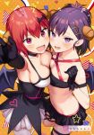  2girls :d absurdres aida_takanobu armpits artist_name asymmetrical_docking black_gloves blurry breast_press breasts choker cleavage cowboy_shot demon_girl demon_wings depth_of_field dress elbow_gloves fang flying_sweatdrops gabriel_dropout gloves hair_between_eyes hair_ornament hairclip halterneck highres horns kurumizawa_satanichia_mcdowell large_breasts midriff multiple_girls navel o-ring o-ring_top one_side_up open_mouth pointing pointing_at_viewer purple_eyes purple_hair red_hair scan short_hair skin_fang small_breasts smile sweatdrop thighhighs tsukinose_vignette_april white_legwear wings 