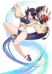  1girl ankle_strap bangs bikini black_hair blue_eyes blunt_bangs covered_nipples eyebrows_visible_through_hair fate/grand_order fate_(series) feather_fan high_heels highres jumping looking_at_viewer nada_haruka side_ponytail solo swimsuit ushiwakamaru_(fate/grand_order) ushiwakamaru_(swimsuit_assassin)_(fate) windbreaker 