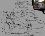 american_opossum anthro bear blush butt clothed clothing ethan_(garsupial) facial_hair flattened furniture hair hair_over_eyes hi_res hurk larger_male_smaller_male male male/male mammal marsupial on_lap pawpads paws sitting_on_another sitting_on_lap sneaky_bear sofa toony_expression tv_remote unaware watching_tv youtube yuckydizzy