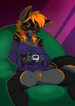 anthro bean_bag black_body black_fur blacklite bottomless canid canine clothed clothing controller female fur fur_markings game_controller gaming genitals grey_body grey_fur hair hi_res holding_controller holding_game_controller holding_object mammal markings orange_hair purple_eyes pussy simple_background sitting solo spread_legs spreading tongue tongue_out