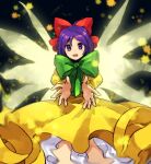  1girl ahoge commentary_request dress green_eyes hair_ribbon highres juliet_sleeves kaigen_1025 long_sleeves looking_at_viewer neck_ribbon open_mouth puffy_sleeves purple_eyes purple_hair red_ribbon rengeteki_(touhou) ribbon short_hair smile solo touhou touhou_(pc-98) yellow_dress 