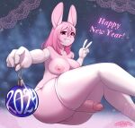 anthro armwear balls big_breasts big_butt breasts butt clothing elbow_gloves fur genitals gesture gloves gynomorph hair handwear hi_res holidays humanoid_genitalia humanoid_penis intersex lagomorph leporid mammal marshmallow-ears new_year new_year_2024 penis pink_body pink_eyes pink_fur pink_hair rabbit skindentation solo squish thick_thighs thigh_squish v_sign