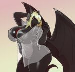 anthro big_breasts black_body blonde_hair breasts clothed clothing dragon female grey_body hair hair_over_eye hi_res horn huge_breasts long_hair looking_at_viewer membrane_(anatomy) membranous_wings multicolored_body nipples non-mammal_breasts non-mammal_nipples odisia one_eye_obstructed red_eyes slightly_chubby solo standing tail thick_thighs translucent translucent_clothing wings
