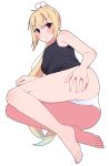  1girl :/ arihara_nanami armpit_crease ass bare_arms bare_legs barefoot black_shirt blonde_hair blush closed_mouth commentary eyes_visible_through_hair foreshortening from_behind frown full_body hair_between_eyes hand_on_own_thigh highres legs long_hair looking_at_viewer lying official_alternate_hairstyle on_side panties ponytail red_eyes riddle_joker shirt shy simple_background sleeveless sleeveless_shirt solo split_mouth straight_hair sweatdrop symbol-only_commentary thighs toes underwear very_long_hair white_background white_panties zlmh7okwwbmghfo 