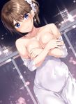  1girl bare_shoulders blue_eyes boku_no_kanojo_sensei breasts brown_hair cleavage collarbone covered_navel covering covering_breasts cowboy_shot dress dutch_angle earrings flower frown fujiki_maka groin hair_flower hair_ornament jewelry large_breasts long_hair looking_at_viewer necklace night no_bra oryou rooftop sky solo star_(sky) starry_sky tied_hair white_dress 