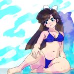  1girl aqua_eyes barefoot bow breasts brown_hair commentary_request hair_bow knee_up kuonji_ukyou legs light_smile looking_down navel on_floor ranma_1/2 shadow solo swimsuit toes wanta_(futoshi) white_bow 