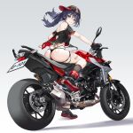  1girl absurdres ass azur_lane bandaid bandaid_on_leg baseball_cap bikini bikini_bottom_only black_gloves black_hair black_shirt bmw character_name from_behind gloves grey_background hat highres hundun_no_bifang looking_at_viewer looking_back motor_vehicle motorcycle off_shoulder on_motorcycle shirt simple_background sitting smile swimsuit u-101_(azur_lane) 