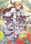  1girl absurdres asuna_(sao) brown_eyes brown_hair cape dress flower gloves grey_cape grey_cloak highres long_hair looking_at_viewer oboro_neko open_mouth petals red_flower red_rose rose rose_petals sword_art_online sword_art_online:_alicization sword_art_online:_alicization_-_war_of_underworld very_long_hair white_dress white_gloves 