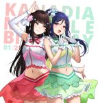  2girls :d arm_up armpits bangs blue_hair blunt_bangs bracelet breasts brown_hair commentary cowboy_shot detached_sleeves drop_earrings earrings english_commentary eyebrows_visible_through_hair gloves green_eyes green_skirt hair_ornament hair_scrunchie hairclip hands_up highres idol jewelry koi_ni_naritai_aquarium kurosawa_dia layered_skirt long_hair looking_at_another looking_at_viewer love_live! love_live!_sunshine!! matsuura_kanan medium_breasts midriff mole mole_under_mouth multiple_girls navel open_mouth outstretched_arm pearl_bracelet pink_skirt ponytail purple_eyes scrunchie shirt simple_background skirt sleeveless sleeveless_shirt smile terupancake twitter_username white_background white_gloves white_scrunchie 