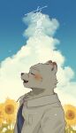  1boy absurdres animal_ears bear_boy bear_ears blue_sky blush closed_mouth cloud cloudy_sky flower from_side furry furry_male hashtag_only_commentary highres indie_virtual_youtuber jugo_kumagai male_focus open_mouth profile sky sunflower upper_body wieneko 