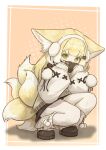  1girl absurdres alternate_costume animal_ears arknights blonde_hair chack520 chinese_commentary commentary earmuffs fox_ears fox_girl fox_tail full_body green_eyes highres kitsune kyuubi long_sleeves looking_at_viewer multiple_tails pantyhose sleeves_past_wrists solo squatting suzuran_(arknights) tail white_pantyhose 