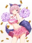  1girl animal_ear_fluff animal_ears bare_arms bare_shoulders blurry breasts card cheerleader clothes_writing collarbone commentary_request cowboy_shot crop_top dangerous_beast depth_of_field fate/grand_order fate_(series) groin hair_over_one_eye hands_up highres holding_pom_poms looking_at_viewer mash_kyrielight medium_breasts midriff miniskirt navel pink_hair pink_shirt pink_skirt pleated_skirt purple_eyes shirt short_hair simple_background skirt sleeveless sleeveless_shirt smile solo standing stomach tail takehana_note thighs white_background wolf_ears wolf_tail 