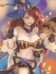  2girls asymmetrical_bangs beatrix_(granblue_fantasy) beatrix_(halloween)_(granblue_fantasy) black_bra black_gloves blonde_hair blue_eyes blue_headwear bra breasts brown_eyes brown_hair cleavage commentary_request detached_collar detached_sleeves embarrassed gloves granblue_fantasy grin halloween halloween_costume hat highres kuyabudz large_breasts long_hair multiple_girls navel official_alternate_costume open_mouth orange_bra poking red_headwear simple_background smile striped striped_bra twintails two-tone_bra underwear vertical-striped_bra vertical_stripes witch_hat zeta_(granblue_fantasy) zeta_(halloween)_(granblue_fantasy) 