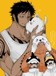  4boys animal arm_tattoo bear bepo black_hair blush brown_hair chest_tattoo closed_mouth earrings english_commentary english_text facial_hair goatee hand_tattoo hat heart highres holding holding_animal jewelry long_sleeves male_focus multiple_boys nuzzle one_eye_closed one_piece open_mouth penguin_(one_piece) shachi_(one_piece) short_hair shoulder_tattoo smile tank_top tattoo thought_bubble trafalgar_law white_tank_top xve009 yellow_background yellow_eyes 
