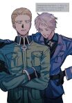  2boys arm_on_another&#039;s_shoulder axis_powers_hetalia belt black_belt black_gloves black_shirt blonde_hair breast_pocket collared_jacket collared_shirt cross crossed_arms germany_(hetalia) gloves greek_cross green_jacket grey_eyes grey_hair half-closed_eyes hand_on_another&#039;s_shoulder hand_on_own_hip highres iron_cross jacket lapels long_sleeves looking_at_another male_focus military_uniform multiple_boys naotin3333 open_mouth parted_lips pocket prussia_(hetalia) purple_eyes purple_jacket request_inset shirt short_hair sideways_glance simple_background sweatdrop translation_request unfinished uniform upper_body white_background 