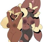 anthro areola barbell_piercing bedroom_eyes black_sclera breasts brown_areola brown_body brown_fur brown_nipples choker choker_only clothed clothing clothing_lift duo evilcrispicular female fur generation_4_pokemon genitals half-closed_eyes hi_res humanoid_genitalia humanoid_pussy inviting jewelry legwear lopunny mega_evolution mega_lopunny narrowed_eyes necklace necklace_only nintendo nipple_barbell nipple_piercing nipples nude nylons pantyhose piercing pokemon pokemon_(species) pussy seductive shirt shirt_lift simple_background smile smirk smug smug_face smug_grin t-shirt topwear torn_clothing torn_legwear torn_pantyhose white_background yellow_body yellow_fur
