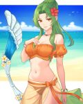 1girl absurdres bare_shoulders beach bikini blue_sky breasts cleavage cloud cowboy_shot day elincia_ridell_crimea elincia_ridell_crimea_(summer) english_commentary fire_emblem fire_emblem:_radiant_dawn fire_emblem_heroes flower green_hair hair_flower hair_ornament hand_on_own_chest hibiscus highres jewelry looking_at_viewer medium_breasts navel necklace off-shoulder_bikini off_shoulder official_alternate_costume orange_bikini puffy_short_sleeves puffy_sleeves red_flower sarong short_sleeves sky smile solo standing stomach swimsuit thighs truejekart 