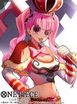  1girl belt black_eyes blush bow bowtie breasts cleavage copyright_name crop_top crown curvy drill_hair fingernails fur-trimmed_poncho heart_belt highres holding holding_umbrella large_breasts lips long_hair midriff naughty_face navel official_art one_piece perona pink_bow pink_bowtie pink_hair poncho print_shirt red_poncho ryuda shiny_skin shirt simple_background skirt smile solo studded_belt thick_thighs thighhighs thighs tongue tongue_out twintails umbrella upper_body very_long_hair watermark white_background white_shirt wide_hips 