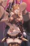  1girl 3boys absurdres alternate_eye_color armor asymmetrical_bangs bare_shoulders black_shorts black_sleeves breasts brown_hair bulge covered_clitoris covered_nipples crotch_grab detached_sleeves draph english_commentary erection erection_under_clothes faceless faceless_male finger_in_another&#039;s_mouth gloves granblue_fantasy green_eyes hair_ornament hand_on_another&#039;s_stomach head_wings highres horns imminent_gangbang kuyabudz large_breasts licking licking_ear long_hair looking_at_viewer micro_shorts midriff multiple_boys navel nipple_slip nipple_tweak nipples pussy_juice pussy_juice_drip_through_clothes see-through shorts standing thighhighs tongue tongue_out tweyen_(granblue_fantasy) white_gloves wings 
