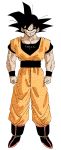  1boy arms_at_sides black_eyes black_footwear black_hair black_theme boots clenched_hands collarbone commentary_request dougi dragon_ball dragon_ball_z fenyon frown full_body highres looking_at_viewer male_focus orange_theme serious shaded_face simple_background son_gokuu spiked_hair standing twitter_username white_background wristband 