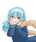  1other blue_hair blush chocoeiru fur_scarf highres humanization long_hair looking_at_viewer rimuru_tempest simple_background smile tensei_shitara_slime_datta_ken yellow_eyes 