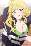  1girl absurdres ahoge bikini blonde_hair blush breasts cleavage collarbone green_bikini green_eyes highres hood hood_down hoshii_miki idolmaster idolmaster_(classic) idolmaster_million_live! idolmaster_million_live!_theater_days katsu_(kana) large_breasts long_hair long_sleeves looking_at_viewer on_chair open_mouth sitting smile solo swimsuit teeth two-tone_hoodie upper_teeth_only 