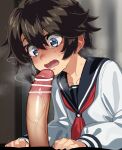  1boy 1girl absurdres bar_censor black_sailor_collar blue_eyes blush brown_hair censored d: erection glasses grey_shirt hair_between_eyes hetero highres imminent_fellatio large_penis long_sleeves mizumizuni momijiyama_teru neckerchief penis red_neckerchief sailor_collar shiny_skin shirt short_hair shy_(series) solo_focus sweat tearing_up veins veiny_penis white_shirt 