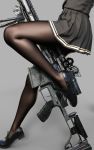  1girl bipod black_legwear commentary commentary_request feet gun highres legs loafers magazine_(weapon) pantyhose pleated_skirt rifle school_uniform scope shoes simple_background skirt thighs uniform weapon 