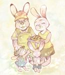  2018 anthro barefoot bonnie_hopps bottomwear clothed clothing cub dipstick_ears disney eyes_closed food fully_clothed group holding_food holding_object judy_hopps lagomorph leporid mammal multicolored_ears parent parent_and_child pie rabbit shirt shorts smile standing stu_hopps t-shirt topwear young zootopia めーこ 