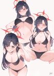  1girl bare_arms bare_legs bare_shoulders bikini black_bikini black_choker black_hair blue_archive blush breasts choker closed_eyes closed_mouth grey_background grey_eyes hair_ornament hairclip halo hand_on_own_hip highres ichika_(blue_archive) large_breasts long_hair multiple_views navel red_halo sea_nami side-tie_bikini_bottom signature simple_background smile swimsuit tongue tongue_out 