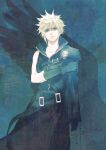  1boy armor belt black_wings blonde_hair blue_eyes closed_mouth cloud_strife commentary_request earrings final_fantasy final_fantasy_vii final_fantasy_vii_advent_children geostigma gloves holding_own_arm jewelry male_focus multiple_belts ringomell_ura short_hair shoulder_armor simple_background single_earring single_wing spiked_hair turtleneck wings zipper 