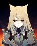  1girl animal_ears armor brown_eyes cat_ears cheese765 closed_mouth commentary crying fiery_background fire grey_hair highres long_bangs long_hair m_(xenoblade) solo spoilers streaming_tears tears upper_body xenoblade_chronicles_(series) xenoblade_chronicles_3 