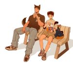  2boys animal_ears backpack baduki_(tenji) bag bench brown_hair cup dark-skinned_male dark_skin denim dog_boy dog_ears dog_tail drinking eating food food_on_face full_body gun_woo_kang_(tenji) highres holding holding_cup jeans looking_up male_focus mole mole_under_eye multiple_boys original pants scar scar_on_arm scar_on_cheek scar_on_face shirt shoes short_hair shorts simple_background sitting sneakers striped_clothes striped_shirt tail tenji_(tenji_89) white_background 