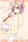  1girl apron baroque_(series) bowl breasts butt_crack frilled_apron frills heart holding holding_bowl holding_whisk horned_girl_(baroque) horns looking_at_viewer multiple_horns naked_apron okameti open_mouth pink_background purple_eyes purple_hair short_hair simple_background small_breasts solo tongue tongue_out whisk white_apron 