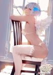  1girl absurdres bra breasts chair closed_mouth curtains grey_hair hair_ornament highres hu_dako looking_at_viewer on_chair original panties patreon_username short_hair sitting small_breasts smile solo thighhighs underwear white_bra white_panties white_thighhighs white_wings window wings 