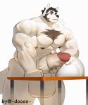 anthro balls bear big_balls big_muscles big_pecs big_penis black_nipples bodily_fluids breath_cloud chest_tuft condom cum doooo2424 ejaculation furniture genital_fluids genitals hi_res huge_balls huge_biceps huge_muscles huge_pecs huge_penis male mammal masturbation muscular muscular_male nipples pecs penis sexual_barrier_device solo table tuft white_body