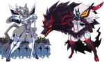  2girls 6+others absurdres breasts cleavage cosplay crossover cyberlord1109 furry furry_female grey_fur grey_hair highres junketsu kill_la_kill kindred_(league_of_legends) kiryuuin_satsuki kiryuuin_satsuki_(cosplay) lamb_(league_of_legends) league_of_legends living_clothes mask matoi_ryuuko matoi_ryuuko_(cosplay) microskirt multiple_crossover multiple_girls multiple_others pseudoregalia revealing_clothes scissor_blade_(kill_la_kill) senketsu skirt suspenders sybil_(pseudoregalia) tail thick_thighs thighhighs thighs trait_connection underboob white_fur white_hair wide_hips wolf wolf_(league_of_legends) 