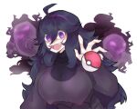  1girl @_@ ahoge alternate_breast_size bags_under_eyes black_hair black_nails breasts commentary english_commentary hair_between_eyes hairband hex_maniac_(pokemon) large_breasts long_hair looking_at_viewer messy_hair open_mouth poke_ball poke_ball_(basic) pokemon pokemon_tower_ghost pokemon_xy purple_eyes purple_hairband simple_background solo topopopokoko twitter_username very_long_hair white_background 