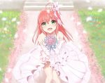  1girl ahoge alternate_costume bare_shoulders bouquet cherry_blossoms crying crying_with_eyes_open dress eyebrows_visible_through_hair flower grass green_eyes hair_ornament hairclip highres hololive long_hair looking_at_viewer natsunekaede open_mouth pink_hair sakura_miko stairs tears virtual_youtuber wedding_dress white_dress 
